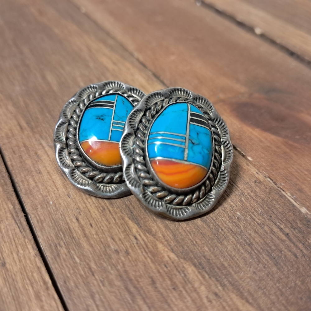 Vintage Navajo Silver Earrings with Turquoise and Coral Accents